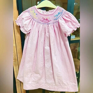 Anavini Smocked Dress bishop rocking horse embroidered gingham pink short sleeve